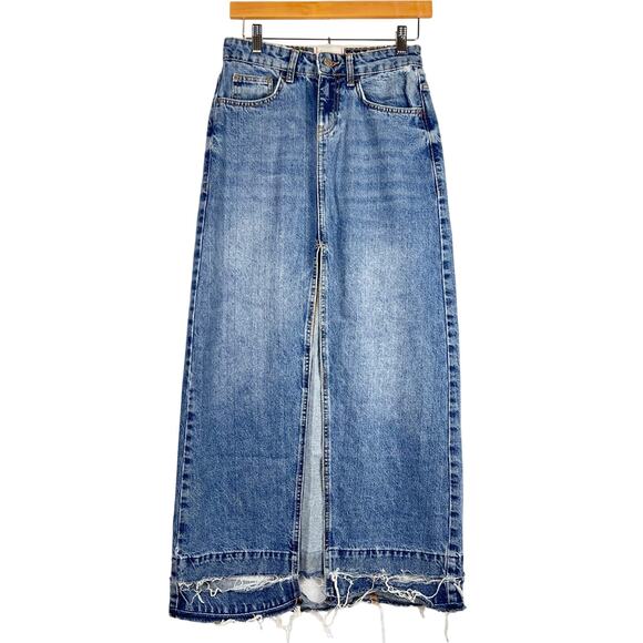 BDG XS Mandi A-Line High Front Slit Distressed Raw Hem Blue Denim Maxi Skirt - Picture 1 of 12